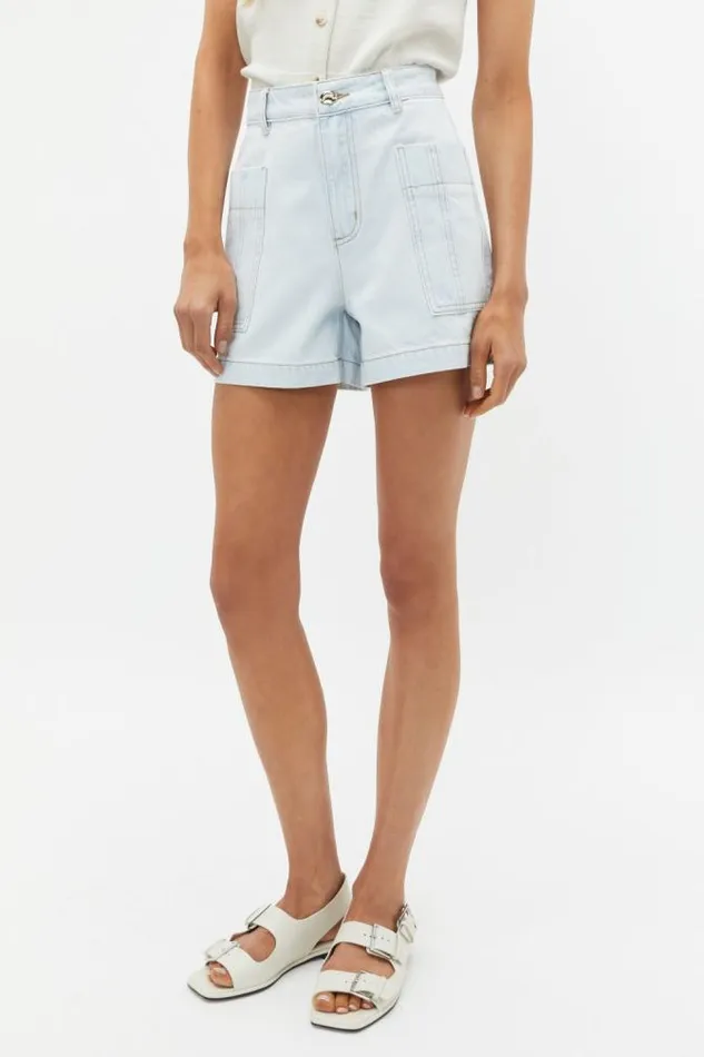 Women Denim Seed Heritage Denim Patch Pocket Short Stone Blue Wash