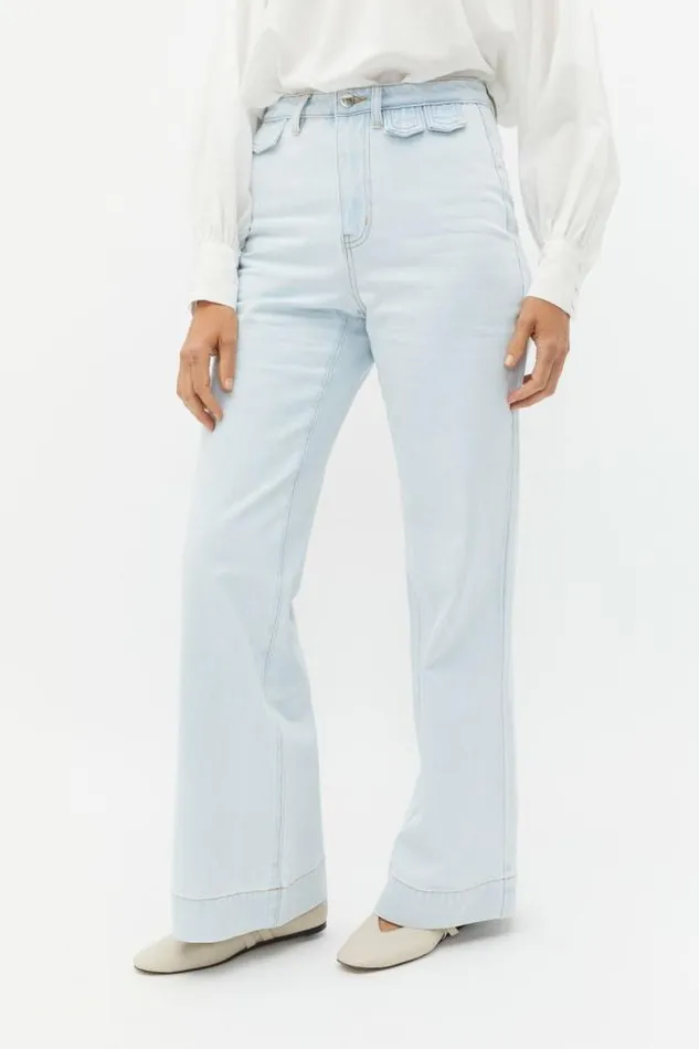 Women Denim Seed Heritage Denim Wide Leg Rigid Jean Stone Blue Wash