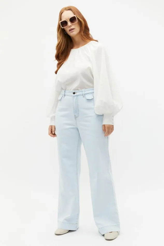 Women Denim Seed Heritage Denim Wide Leg Rigid Jean Stone Blue Wash