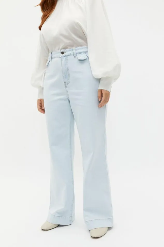 Women Denim Seed Heritage Denim Wide Leg Rigid Jean Stone Blue Wash