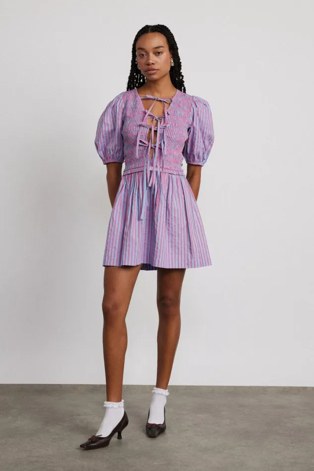 Women Dresses Damson Madder Bluebelle Shirred Mini Dress 8211 Pink and Blue Stripe