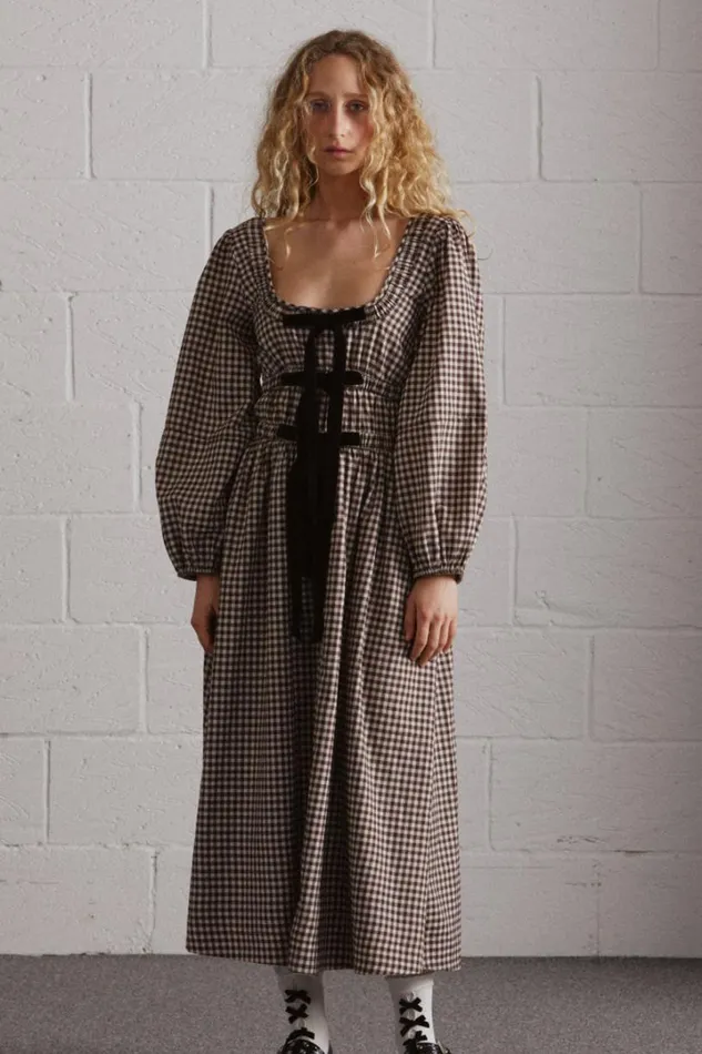 Women Dresses Damson Madder Dakota Bow Midi Dress 8211 Chocolate Check