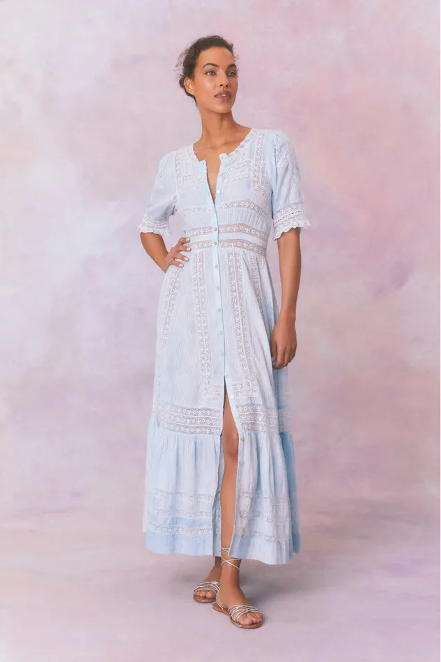 Women Dresses LoveShackFancy Minka Stripe Hand Dye Lace Maxi Dress Blue Hand Dye