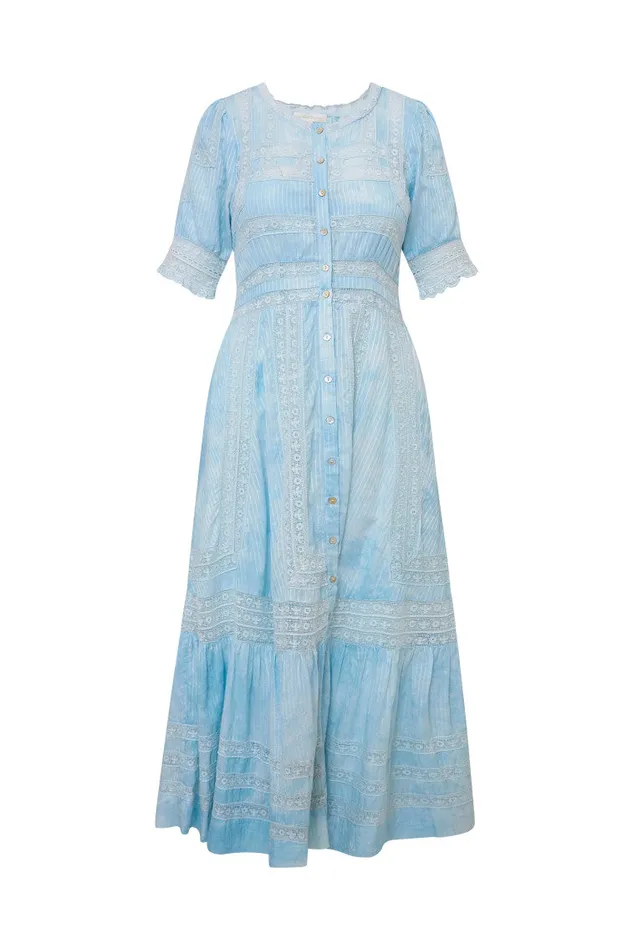 Women Dresses LoveShackFancy Minka Stripe Hand Dye Lace Maxi Dress Blue Hand Dye