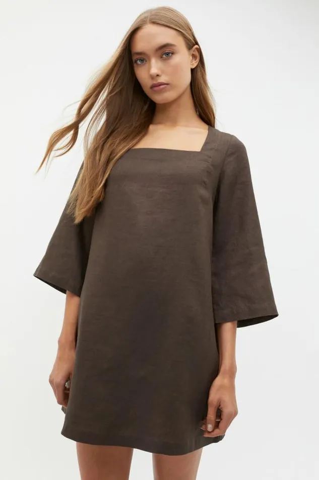Women Dresses Seed Heritage Linen Square Neck Mini Dress Dark Espresso
