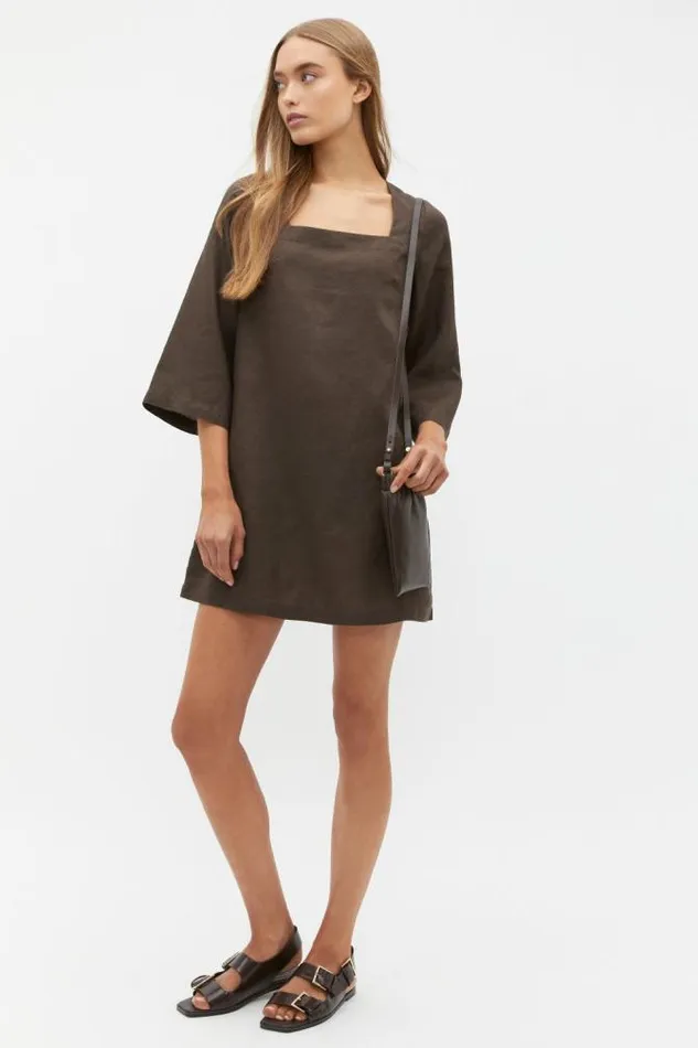 Women Dresses Seed Heritage Linen Square Neck Mini Dress Dark Espresso