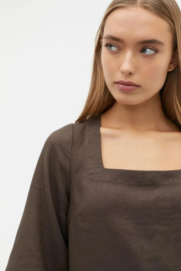 Women Dresses Seed Heritage Linen Square Neck Mini Dress Dark Espresso