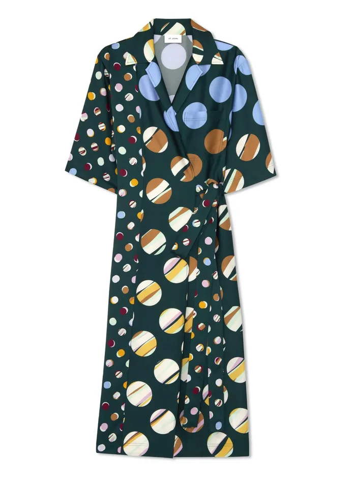Women Dresses St John Collage Dot Belted Wrap Dress Spruce Multi