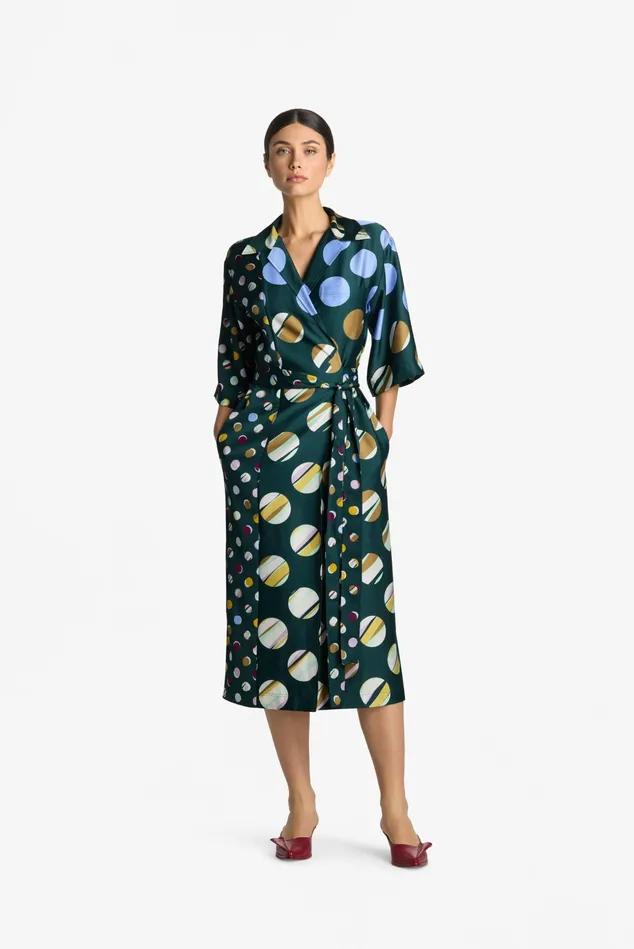 Women Dresses St John Collage Dot Belted Wrap Dress Spruce Multi