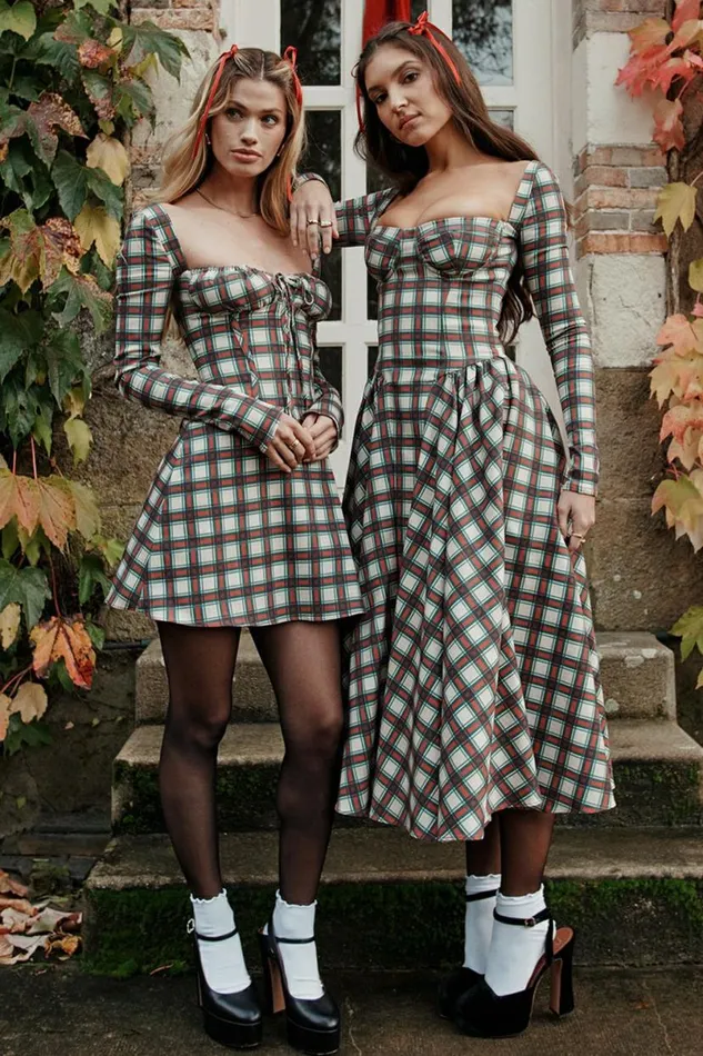 Women Eliza Red Tartan Corset Midi Dress House Of CB Dresses Women Eliza Red Tartan Corset Midi Dress House Of CB Dresses