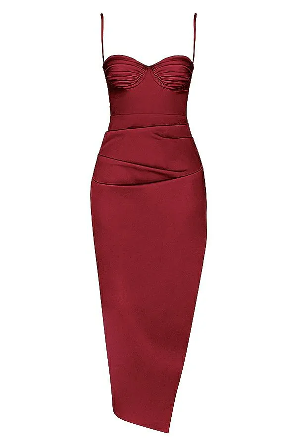 Women Flora Wine Satin Pleated Corset Midi Dress House Of CB Dresses Women Flora Wine Satin Pleated Corset Midi Dress House Of CB Dresses