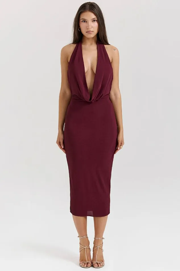 Women Florentina Merlot Draped Midi Dress House Of CB Dresses