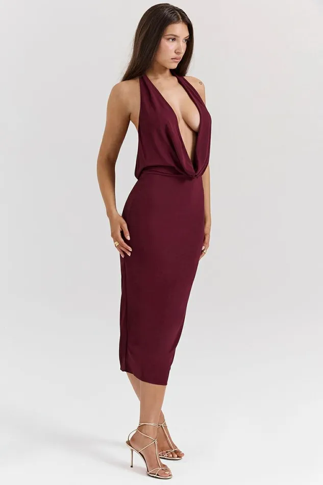 Women Florentina Merlot Draped Midi Dress House Of CB Dresses