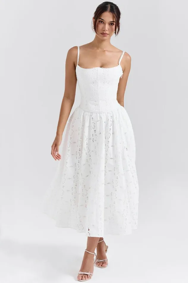 Women Francine White Broderie Anglais Midi Skirt House Of CB Bottoms