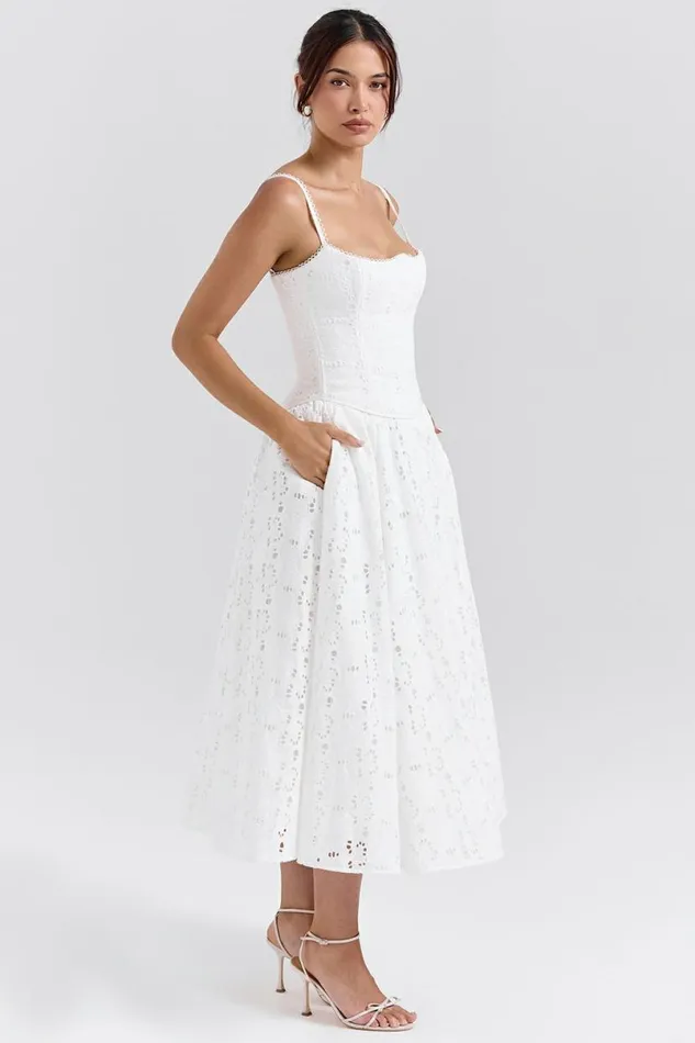Women Francine White Broderie Anglais Midi Skirt House Of CB Bottoms