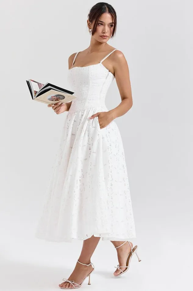 Women Francine White Broderie Anglais Midi Skirt House Of CB Bottoms