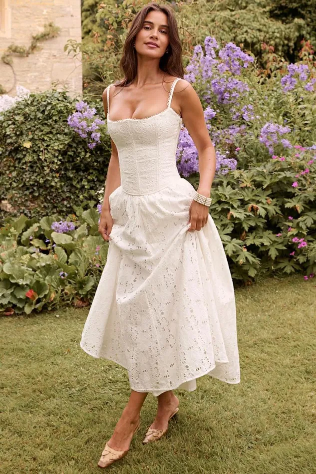 Women Francine White Broderie Anglais Midi Skirt House Of CB Bottoms