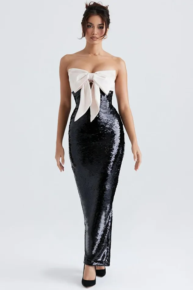 Women Holly Black Sequin Strapless Bow Dress House Of CB Dresses