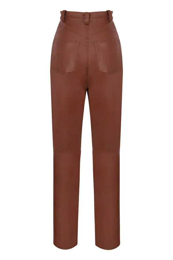 Women Inaya Tan Stretch Vegan Leather Trousers House Of CB Bottoms