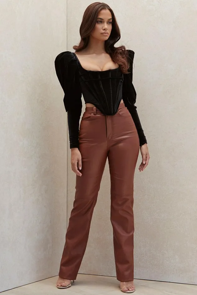 Women Inaya Tan Stretch Vegan Leather Trousers House Of CB Bottoms