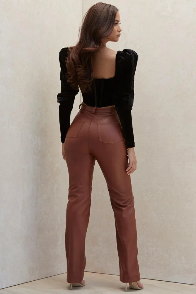 Women Inaya Tan Stretch Vegan Leather Trousers House Of CB Bottoms