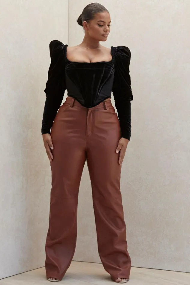 Women Inaya Tan Stretch Vegan Leather Trousers House Of CB Bottoms