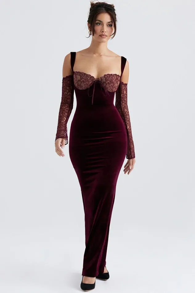 Women Ivy Black Cherry Velvet Maxi Dress House Of CB Dresses