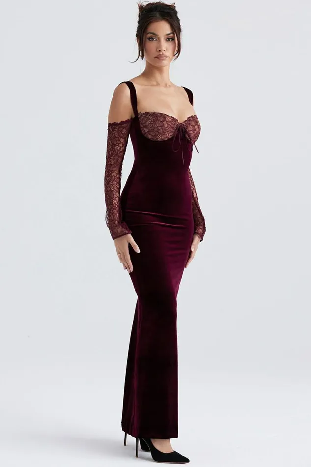 Women Ivy Black Cherry Velvet Maxi Dress House Of CB Dresses