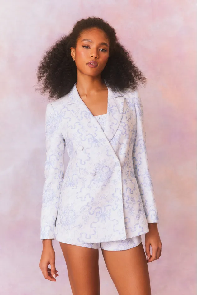 Women Jackets and Coats LoveShackFancy Lumine Double Breasted Bow Print Jacket Blissful Blue Women Jackets and Coats LoveShackFancy Lumine Double Breasted Bow Print Jacket Blissful Blue