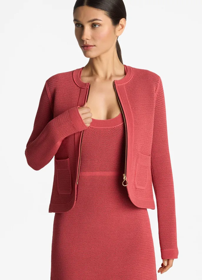 Women Jackets and Coats St John BiTonal Stretch Knit Cardigan Rosedark Claret Multi