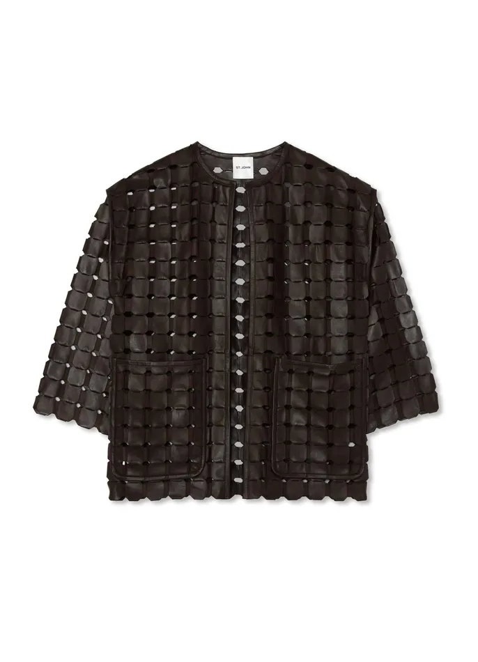 Women Jackets and Coats St John Geometric Weave Leather Coat Mocha