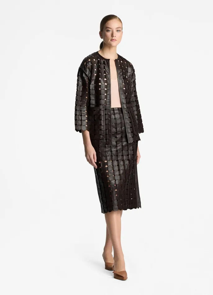 Women Jackets and Coats St John Geometric Weave Leather Coat Mocha Women Jackets and Coats St John Geometric Weave Leather Coat Mocha