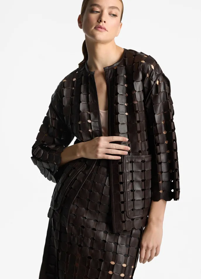 Women Jackets and Coats St John Geometric Weave Leather Coat Mocha Women Jackets and Coats St John Geometric Weave Leather Coat Mocha