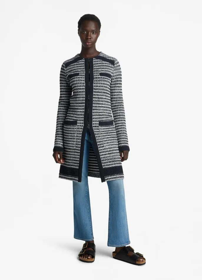 Women Jackets and Coats St John Mixed Stretch Knit Topper Blackivory Multi Women Jackets and Coats St John Mixed Stretch Knit Topper Blackivory Multi