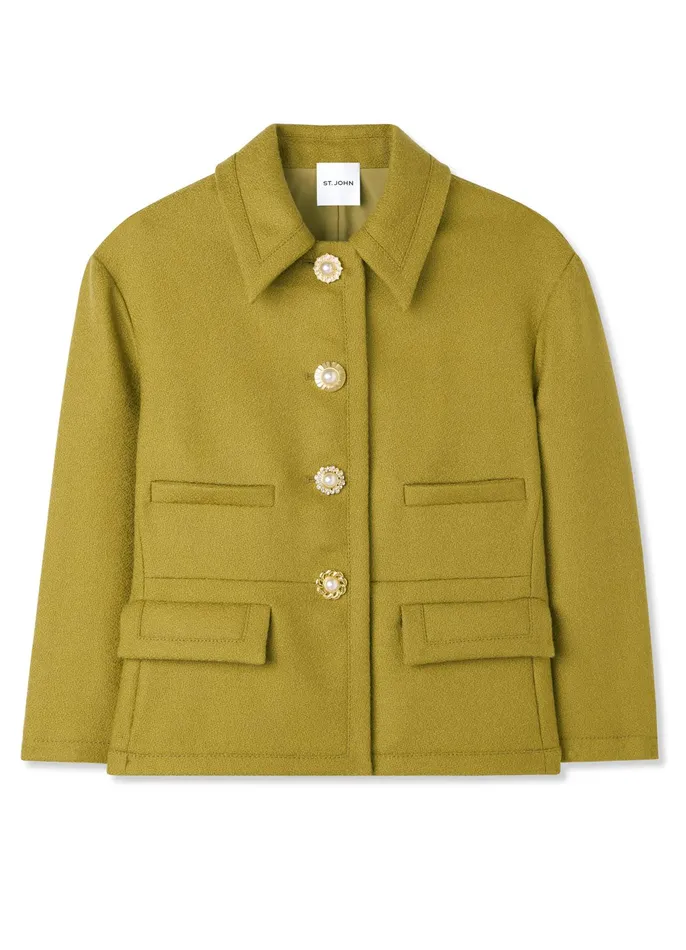Women Jackets and Coats St John Textured Wool Short Jacket Moss