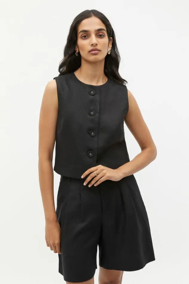 Women Jackets and Vests Seed Heritage Linen Button Down Shell Top Black