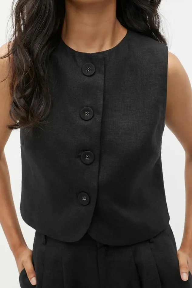 Women Jackets and Vests Seed Heritage Linen Button Down Shell Top Black
