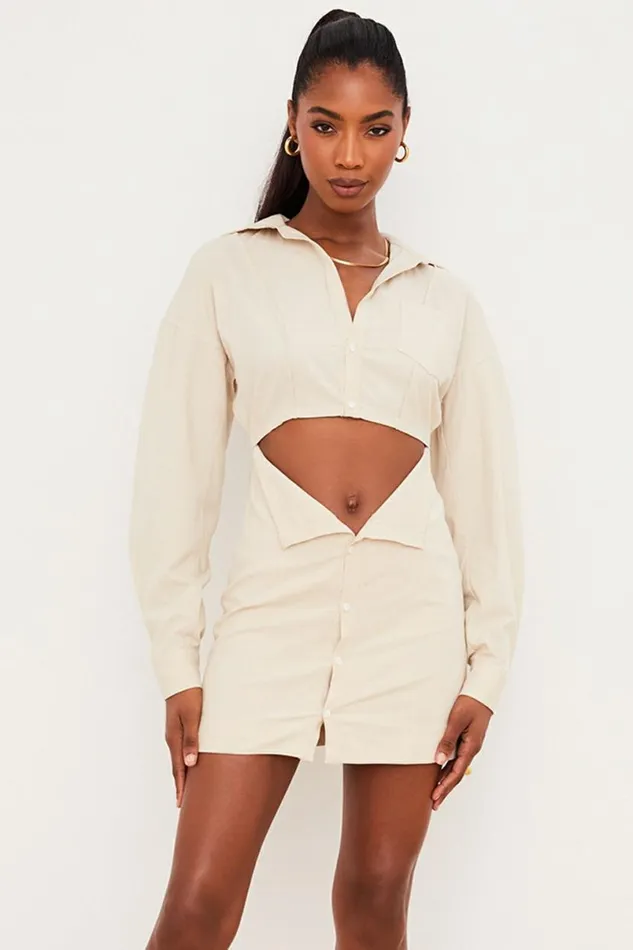 Women Julietta Beige Linen Cutout Shirt Dress House Of CB Dresses