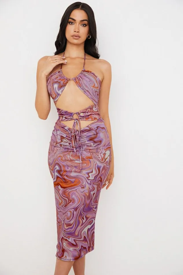 Women Kasia Purple Swirl Cutout Midi Dress House Of CB Dresses Women Kasia Purple Swirl Cutout Midi Dress House Of CB Dresses