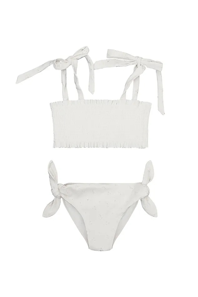 WomenKids Swim LoveShackFancy Girls Zarina Smocked Bikini Swim Set Dover White WomenKids Swim LoveShackFancy Girls Zarina Smocked Bikini Swim Set Dover White