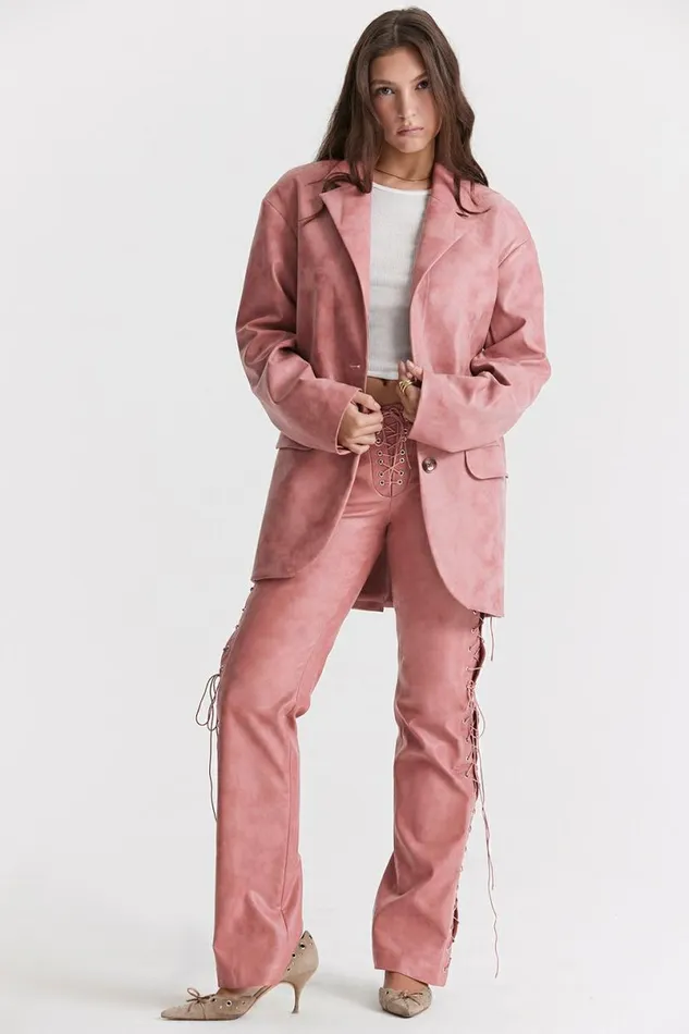 Women Kiera Warm Pink Vegan Leather Oversized Blazer House Of CB Outerwear Women Kiera Warm Pink Vegan Leather Oversized Blazer House Of CB Outerwear