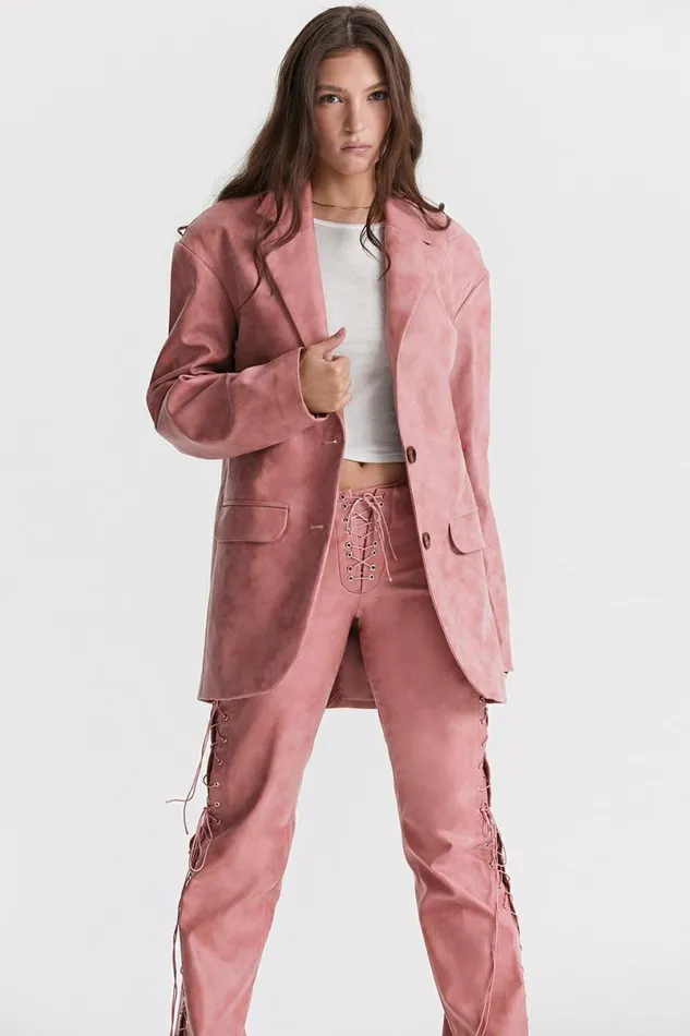 Women Kiera Warm Pink Vegan Leather Oversized Blazer House Of CB Outerwear Women Kiera Warm Pink Vegan Leather Oversized Blazer House Of CB Outerwear