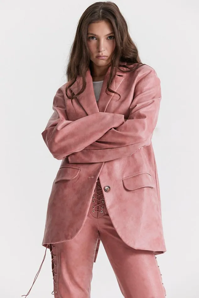 Women Kiera Warm Pink Vegan Leather Oversized Blazer House Of CB Outerwear Women Kiera Warm Pink Vegan Leather Oversized Blazer House Of CB Outerwear