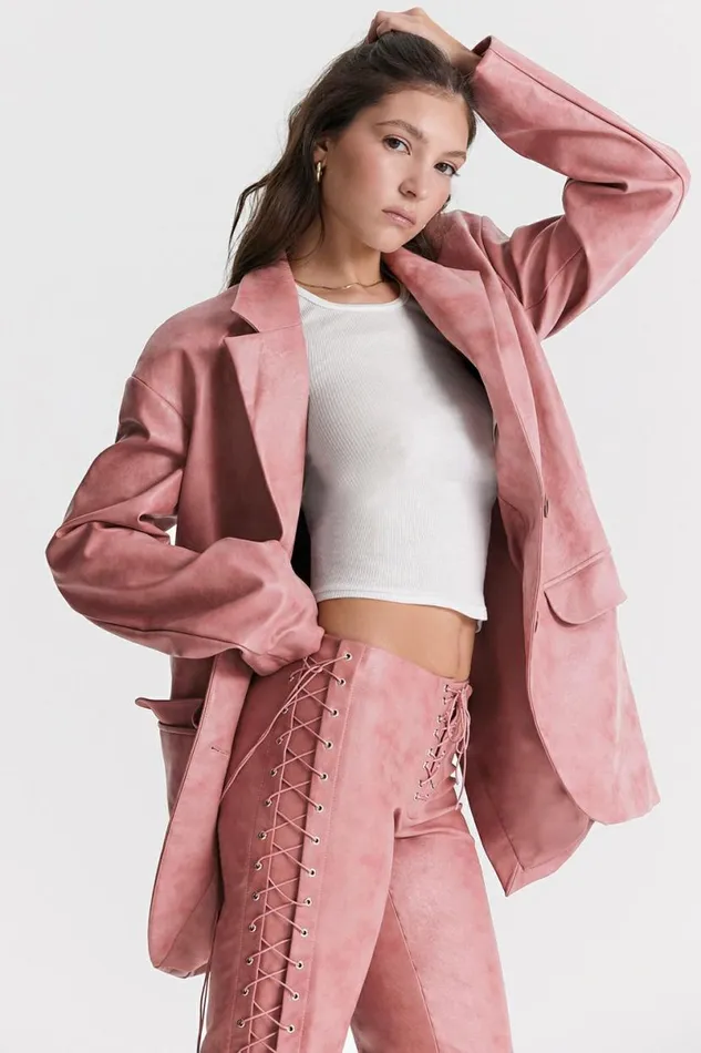 Women Kiera Warm Pink Vegan Leather Oversized Blazer House Of CB Outerwear Women Kiera Warm Pink Vegan Leather Oversized Blazer House Of CB Outerwear