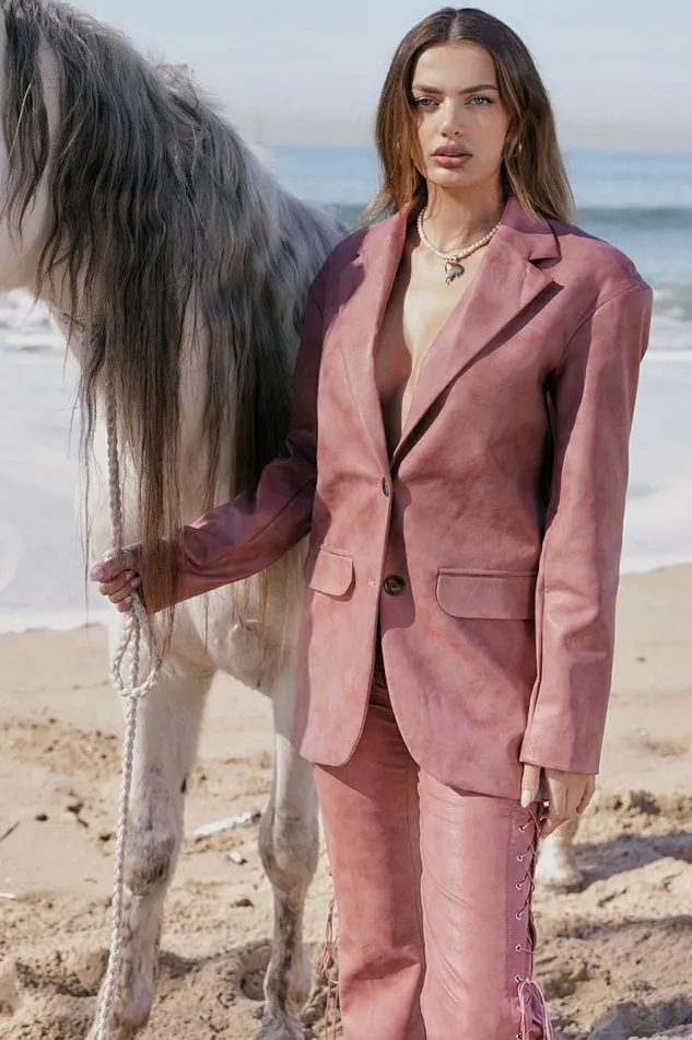 Women Kiera Warm Pink Vegan Leather Oversized Blazer House Of CB Outerwear Women Kiera Warm Pink Vegan Leather Oversized Blazer House Of CB Outerwear