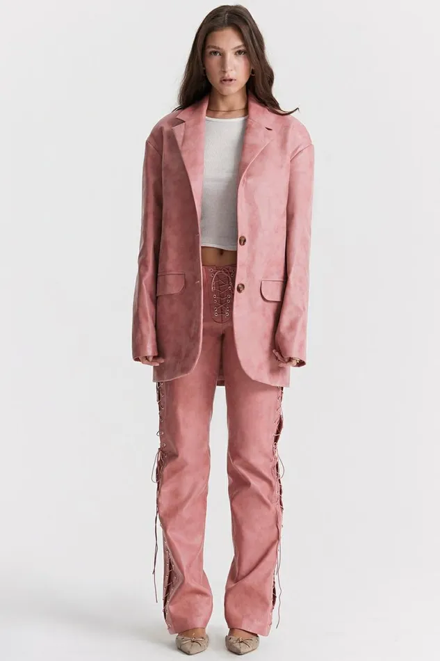 Women Kiera Warm Pink Vegan Leather Oversized Blazer House Of CB Outerwear Women Kiera Warm Pink Vegan Leather Oversized Blazer House Of CB Outerwear