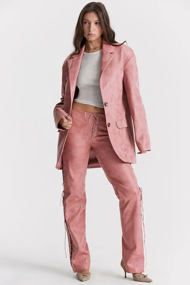 Women Kiera Warm Pink Vegan Leather Oversized Blazer House Of CB Outerwear Women Kiera Warm Pink Vegan Leather Oversized Blazer House Of CB Outerwear