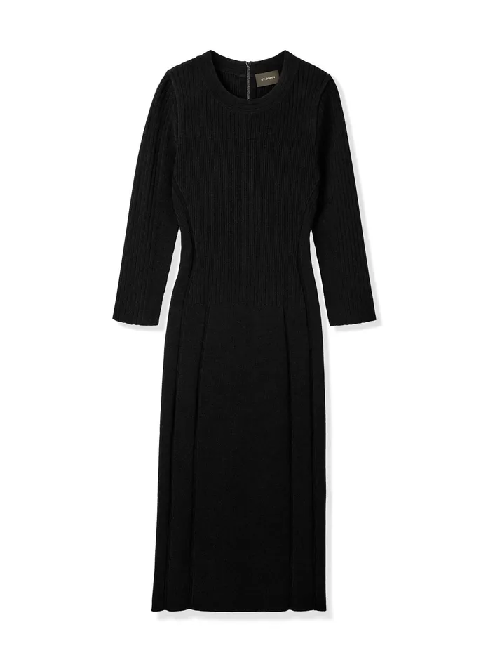 Women Knit Dresses St John Mixed Rib 34 Sleeve Dress Black