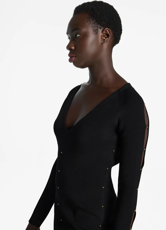 Women Knit Dresses St John Stretch Knit Slit Dress Black Women Knit Dresses St John Stretch Knit Slit Dress Black