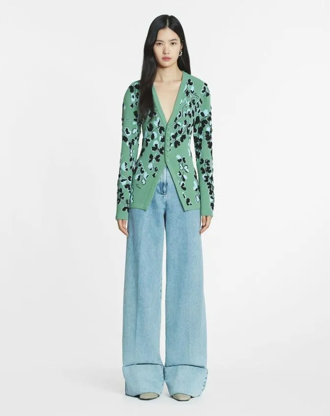 Women Knitwear Lanvin Tailored Jacquard Cardigan Vert De Gris Women Knitwear Lanvin Tailored Jacquard Cardigan Vert De Gris